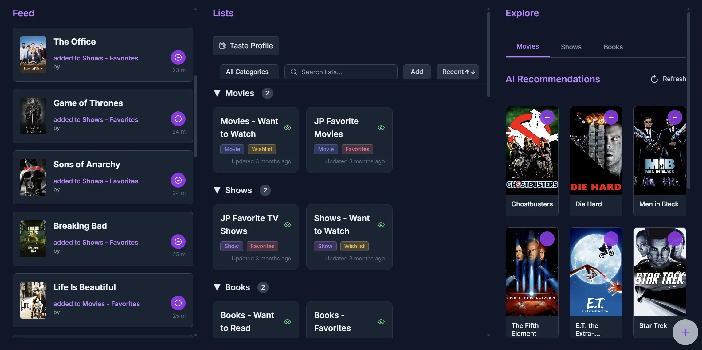 Desktop view showing feed and lists interface