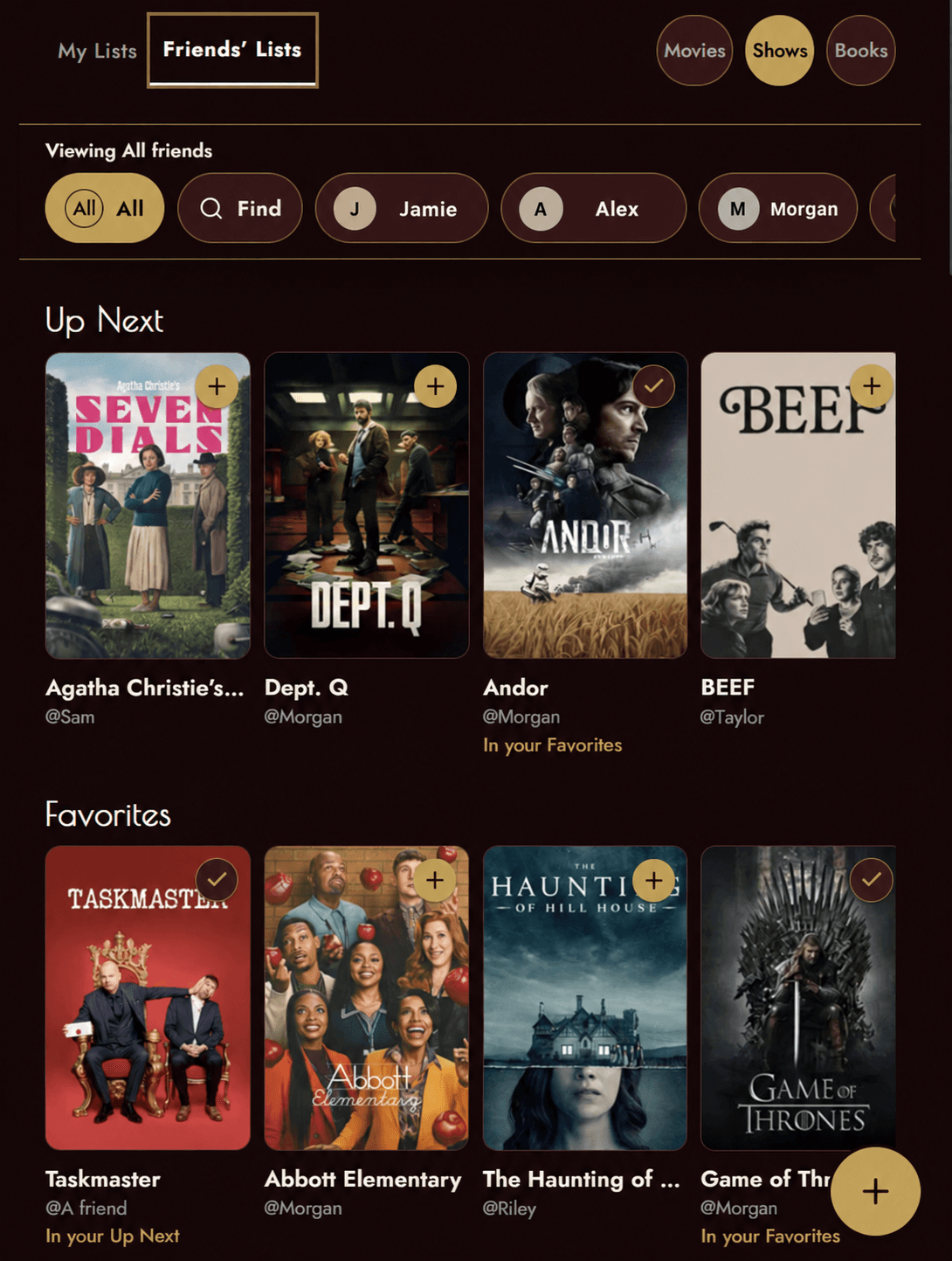Explore25 Friends' Lists view with Movies, Shows, Books, Up Next, and Favorites
