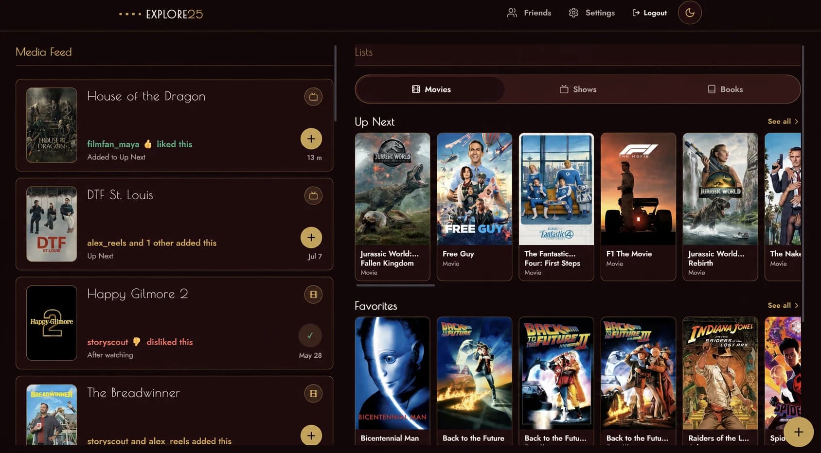 Explore25 web dashboard showing a social media feed and organized movie lists